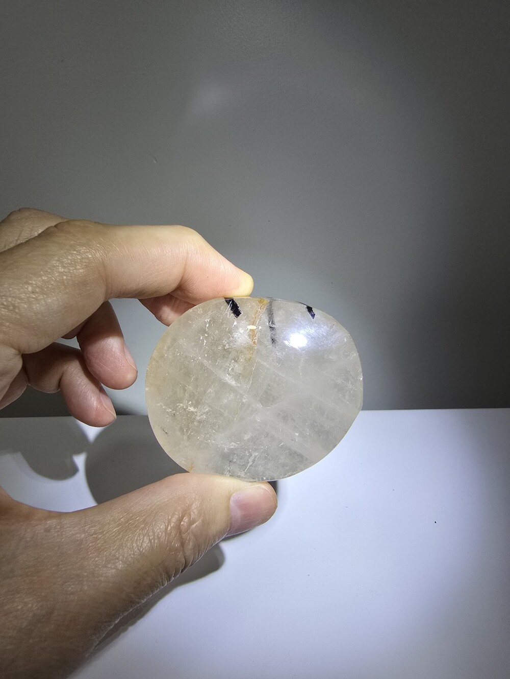 Clear Quartz with Tourmaline Crystal Palmstone #B